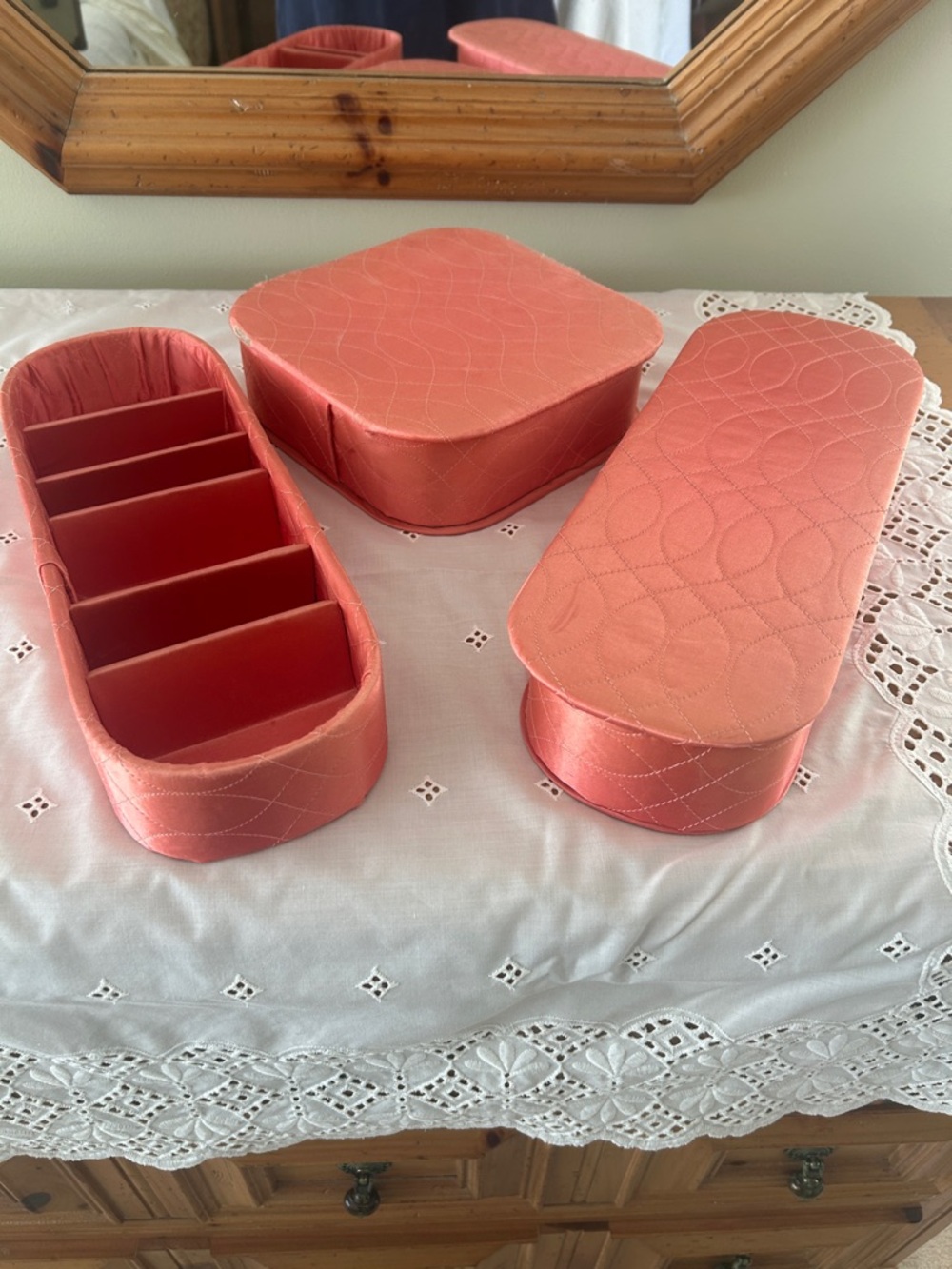 Vintage Jay Hawk NY Coral Pink Satin Vanity Boxes Set of 3 Dream House